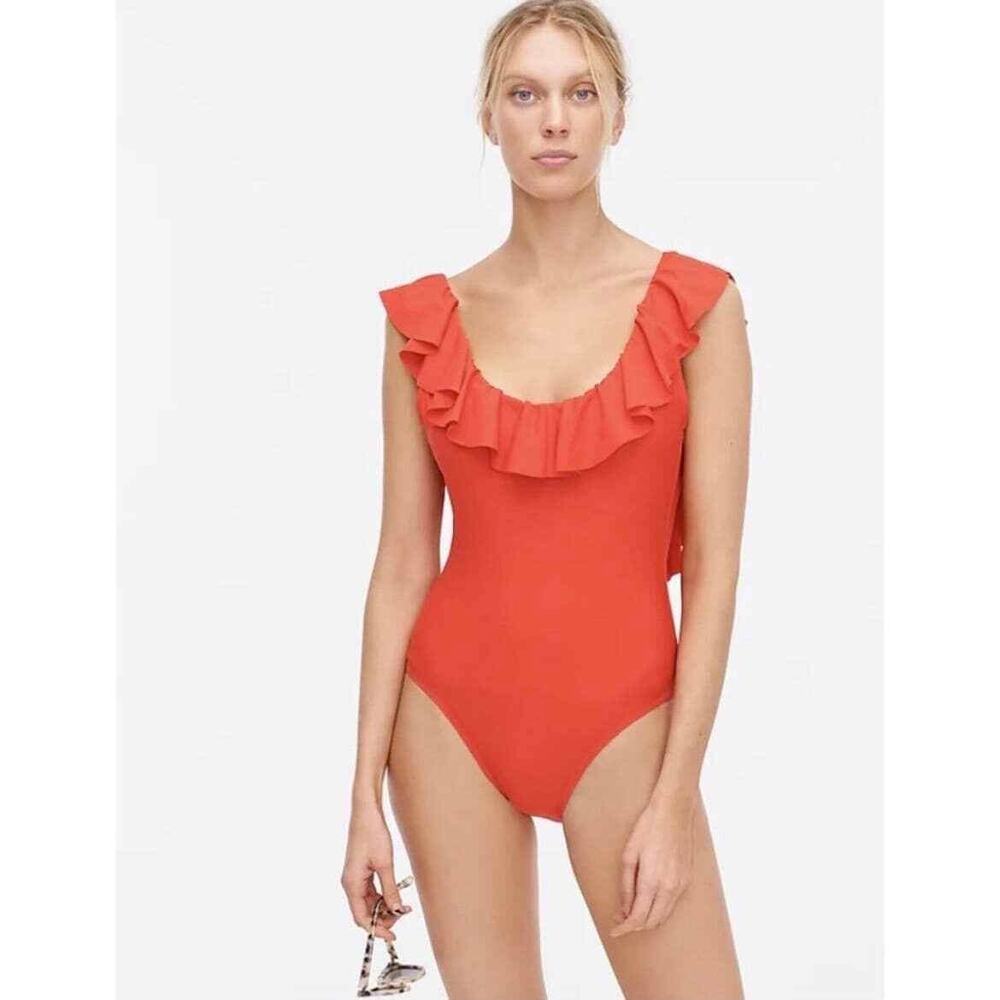 J.Crew Red Orange Ruffle Low Scoop-Back One-Piece Swimsuit NWT Classic SZ 2